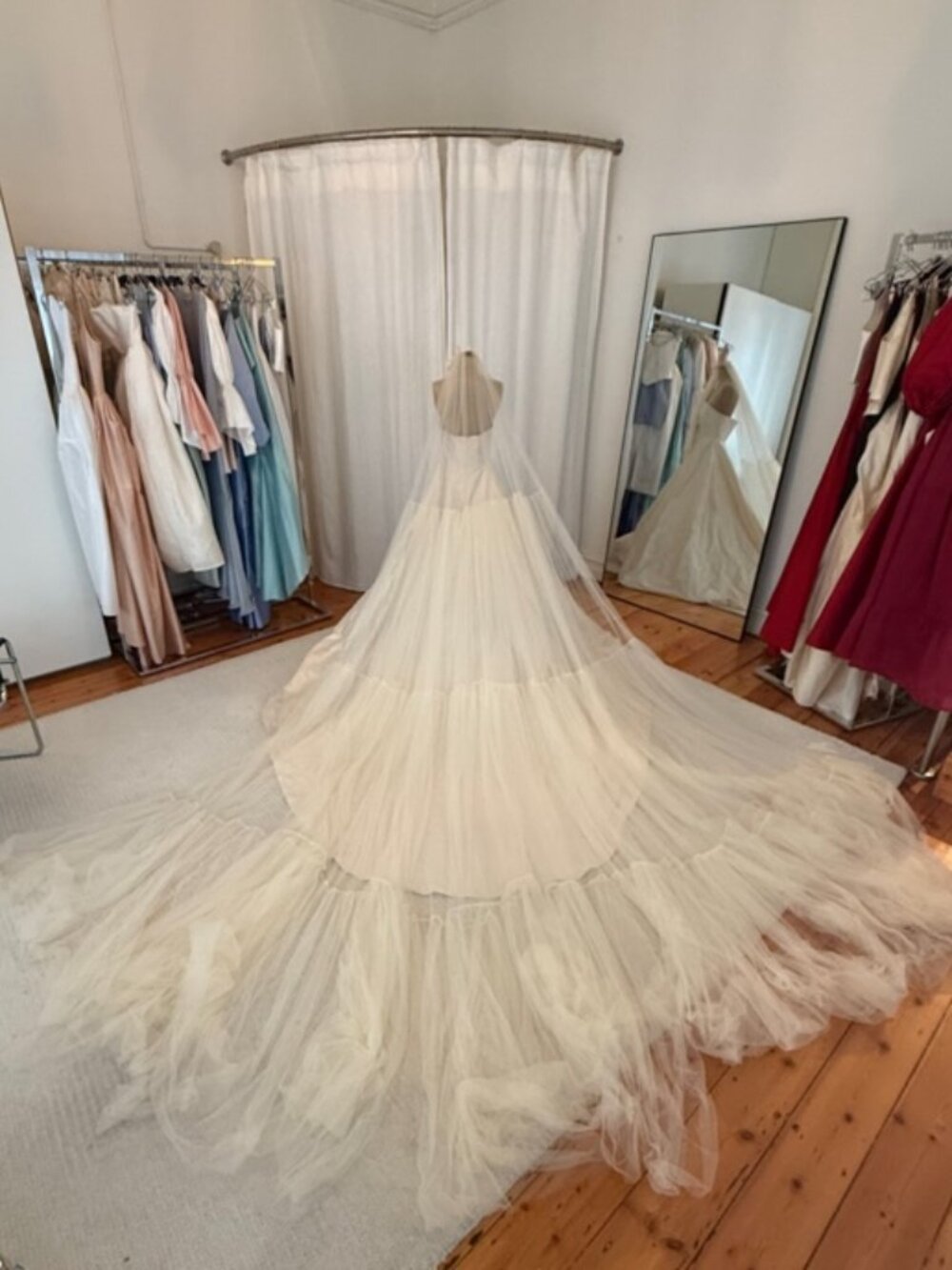 Custom Van der Kooij Champagne Silk Wedding Dress + Veil | Size 4 | Never Worn!